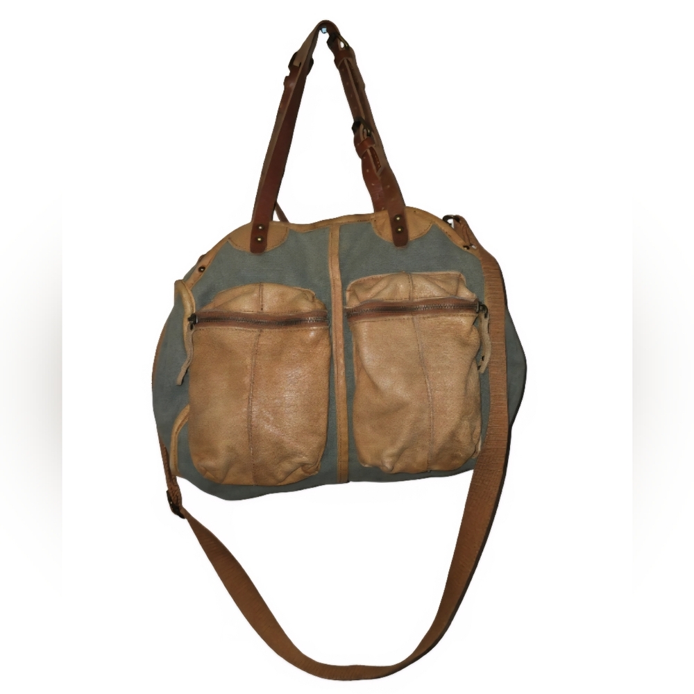 Anthropologie Schuler & Sons Hobo Crossbody Green Cotton Canvas Tan Leather Bag